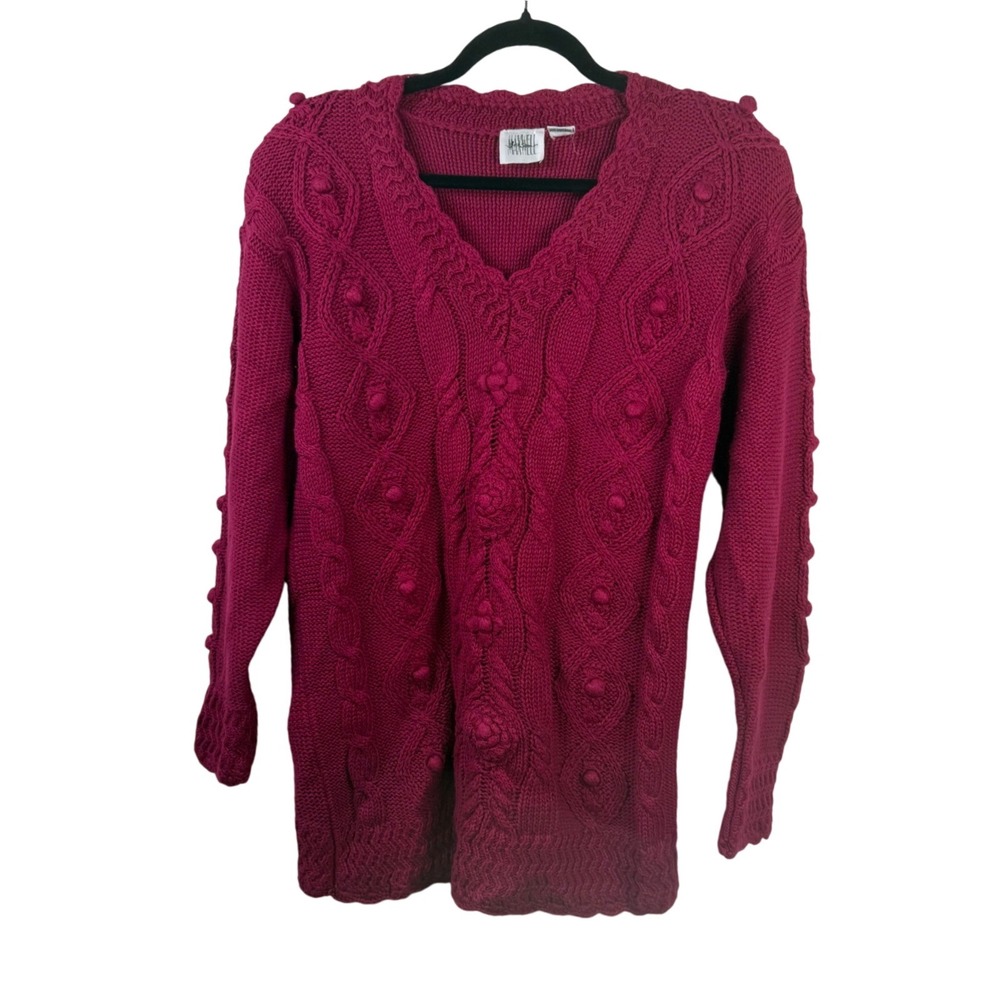 Hunnewell Jayson Cable Knit Cardigan Sweater Raspberry Pom Pom Detail M - Picture 1 of 6